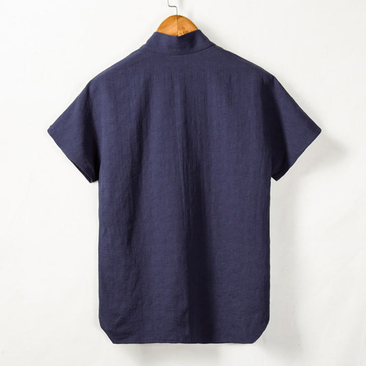 Chemise à manches courtes pour homme Buddha Stones avec poche et cardigan à col cranté Chemise confortable en coton et lin