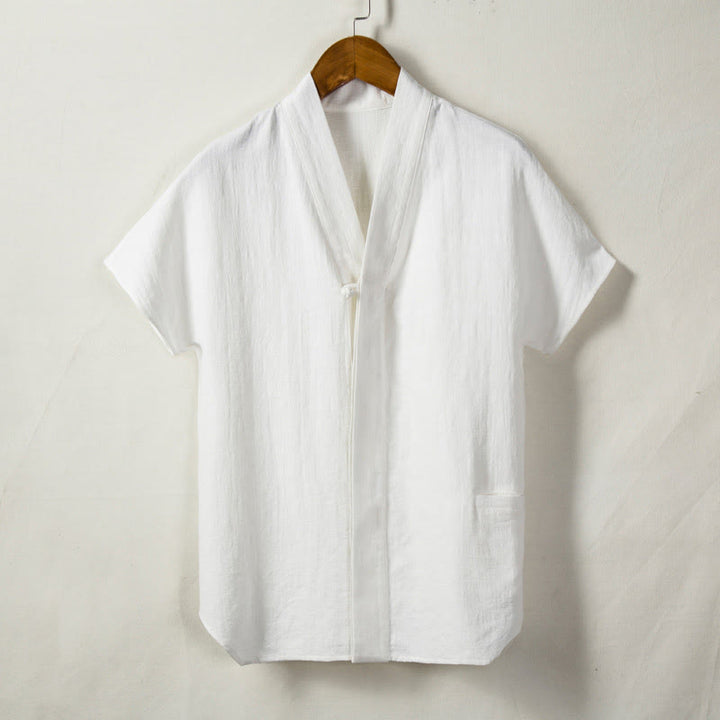 Chemise à manches courtes pour homme Buddha Stones avec poche et col en V, en coton et lin confortables. - Blanc - US/UK/AU44，EU54 (4XL) - image 2