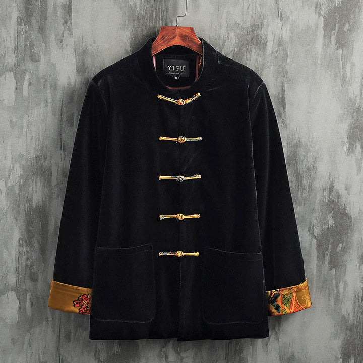 Veste en coton à col rond et boutons de grenouille pour homme avec costume Tang Buddha Stones - Bouton jaune - US/UK/AU42，EU52 (3XL) - image 0