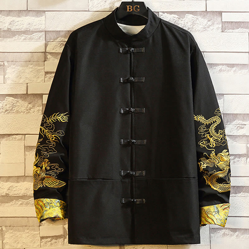 Veste en coton décontractée à boutons de grenouille pour homme avec broderie de dragon et de phénix - Noir - US/UK/AU46，EU56 (5XL) - image 1