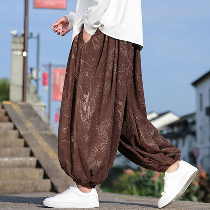 Pantalon décontracté en coton uni avec poches pour homme, motif dragon et Buddha Stones - image 1