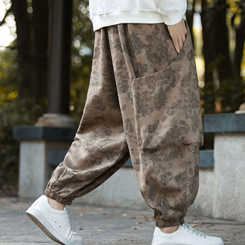 Pantalon décontracté en velours côtelé de coton à fleurs Buddha Stones pour homme avec grandes poches - image 3