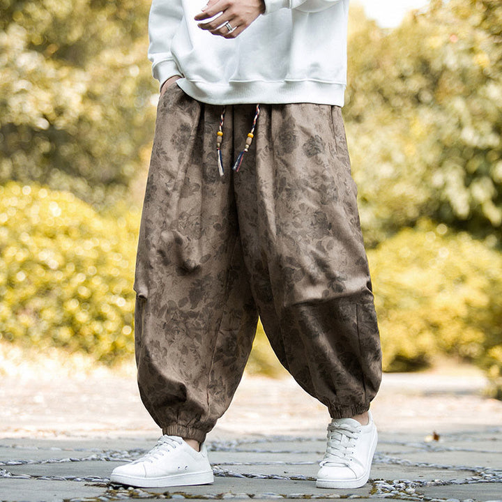 Pantalon décontracté en velours côtelé de coton à fleurs Buddha Stones pour homme avec grandes poches - image 1