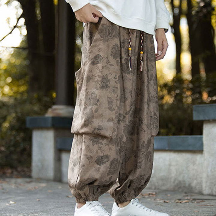 Pantalon décontracté en velours côtelé de coton à fleurs Buddha Stones pour homme avec grandes poches - image 4