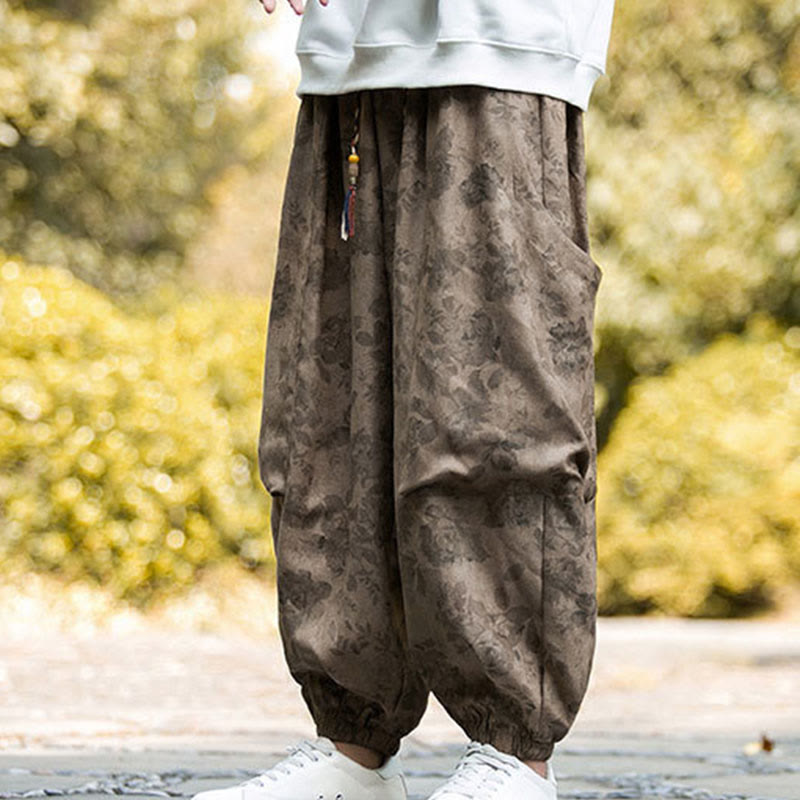 Pantalon décontracté en velours côtelé de coton à fleurs Buddha Stones pour homme avec grandes poches - image 8