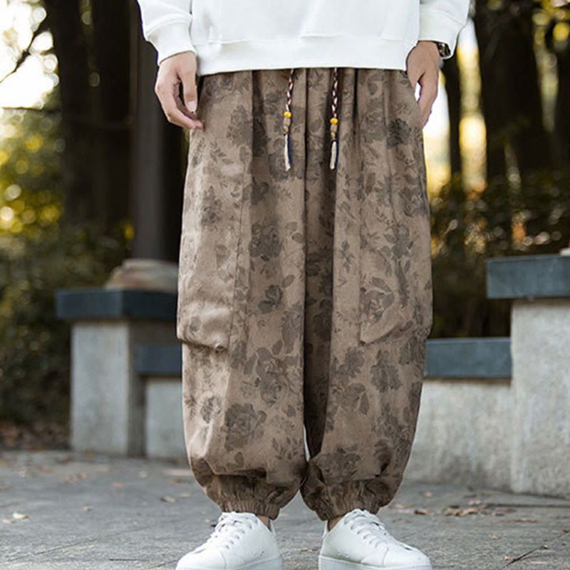 Pantalon décontracté en velours côtelé de coton à fleurs Buddha Stones pour homme avec grandes poches - image 8