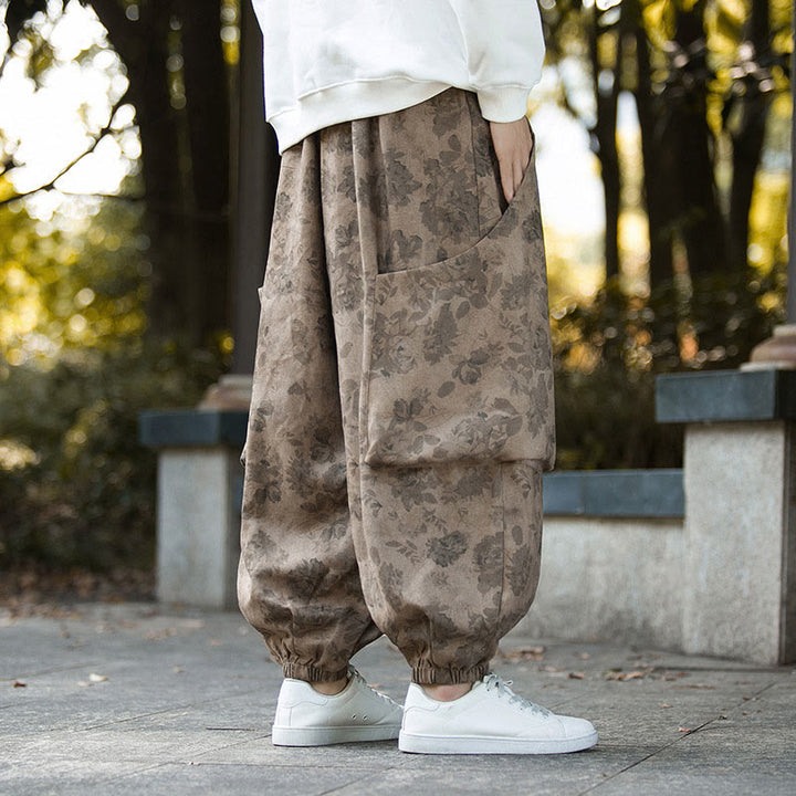 Pantalon décontracté en velours côtelé de coton à fleurs Buddha Stones pour homme avec grandes poches - image 6