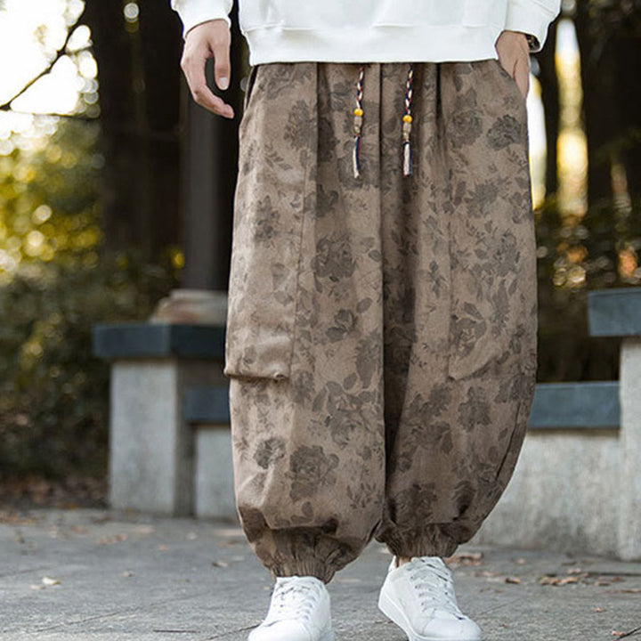 Pantalon décontracté en velours côtelé de coton à fleurs Buddha Stones pour homme avec grandes poches - image 9