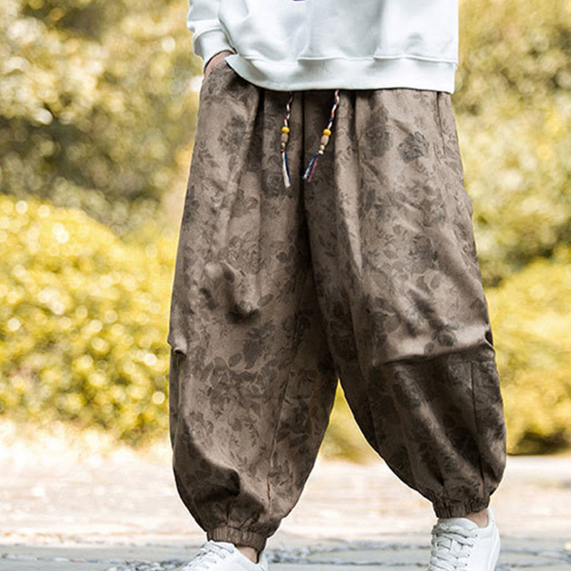 Pantalon décontracté en velours côtelé de coton à fleurs Buddha Stones pour homme avec grandes poches - Verge d'or foncée - US/UK/AU46，EU56 (5XL) - image 1