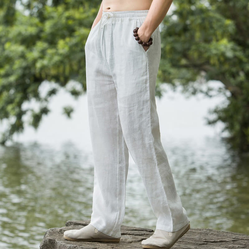 Pantalon large en coton et lin de couleur unie avec poches pour homme Buddha Stones - Blanc - US/UK/AU50，EU60 (5XL) - image 14