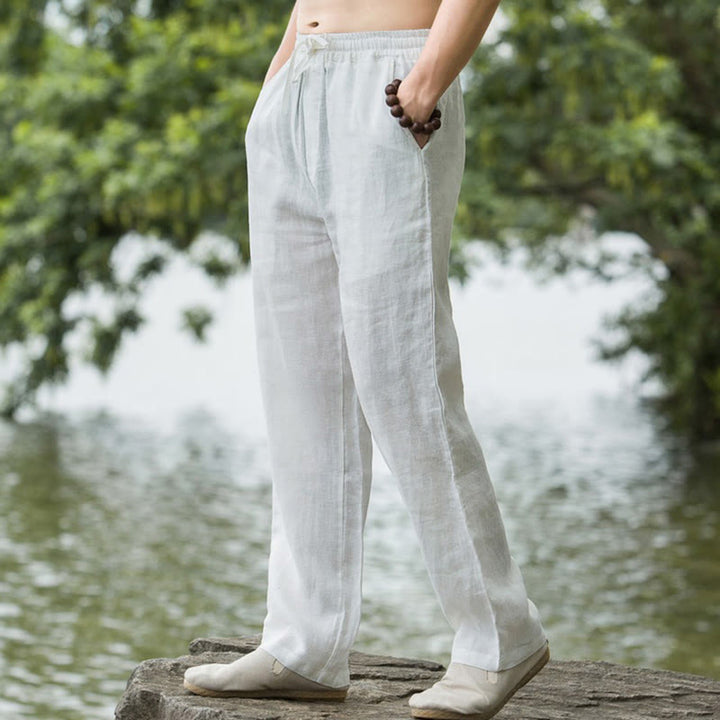 Pantalon large en coton et lin de couleur unie avec poches pour homme Buddha Stones - Blanc - US/UK/AU50，EU60 (5XL) - image 14