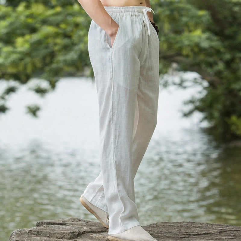 Pantalon large en coton et lin de couleur unie avec poches pour homme Buddha Stones - image 15