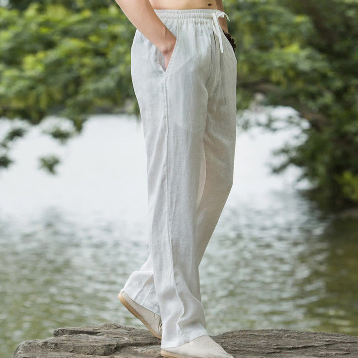 Pantalon large en coton et lin de couleur unie avec poches pour homme Buddha Stones - image 15