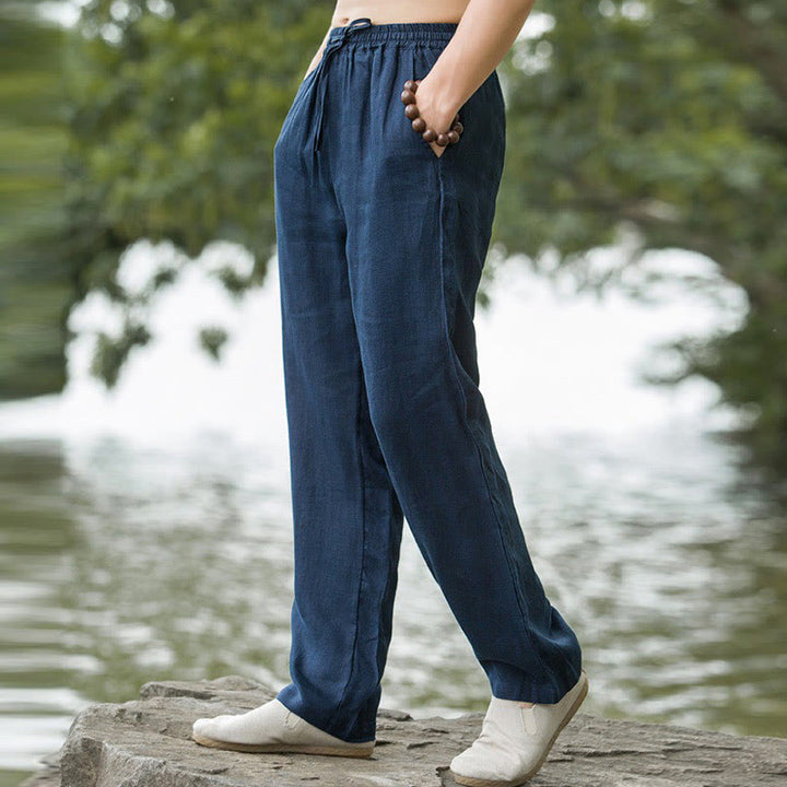 Pantalon large en coton et lin de couleur unie avec poches pour homme Buddha Stones - image 7