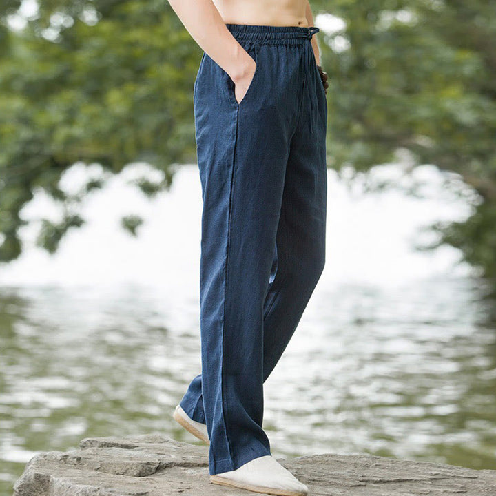 Pantalon large en coton et lin de couleur unie avec poches pour homme Buddha Stones - image 7