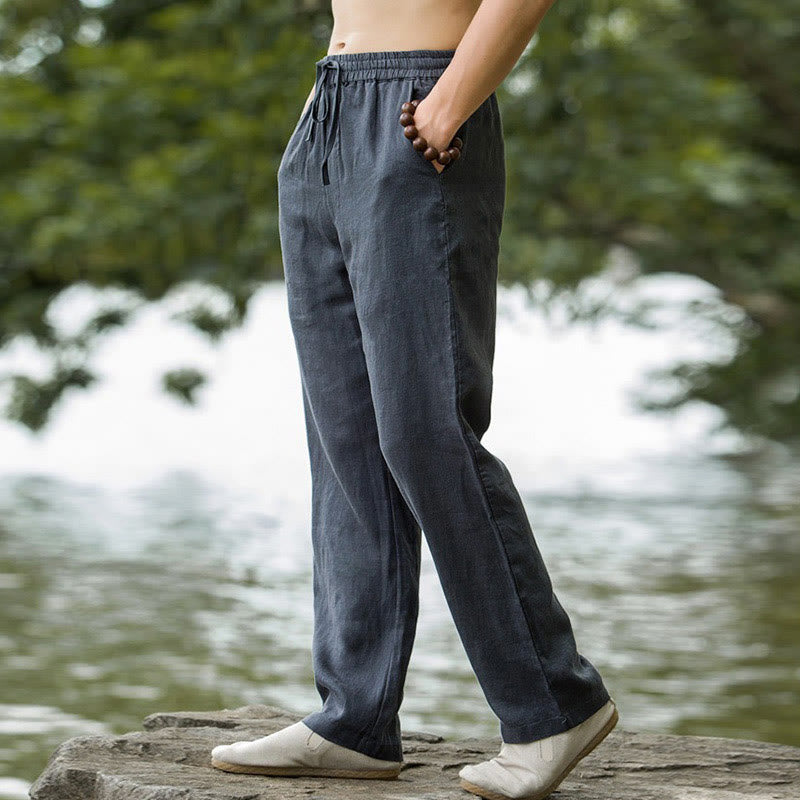 Pantalon large en coton et lin de couleur unie avec poches pour homme Buddha Stones - image 13