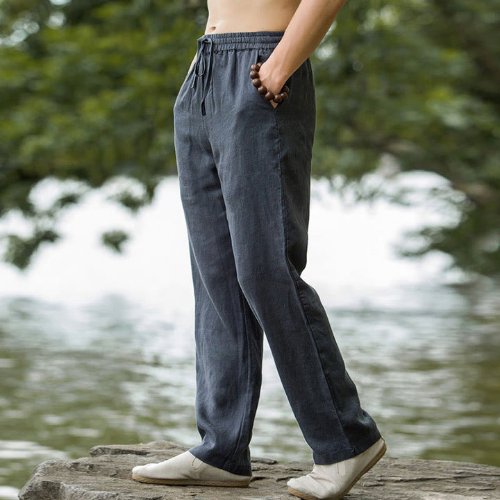 Pantalon large en coton et lin de couleur unie avec poches pour homme Buddha Stones - image 13
