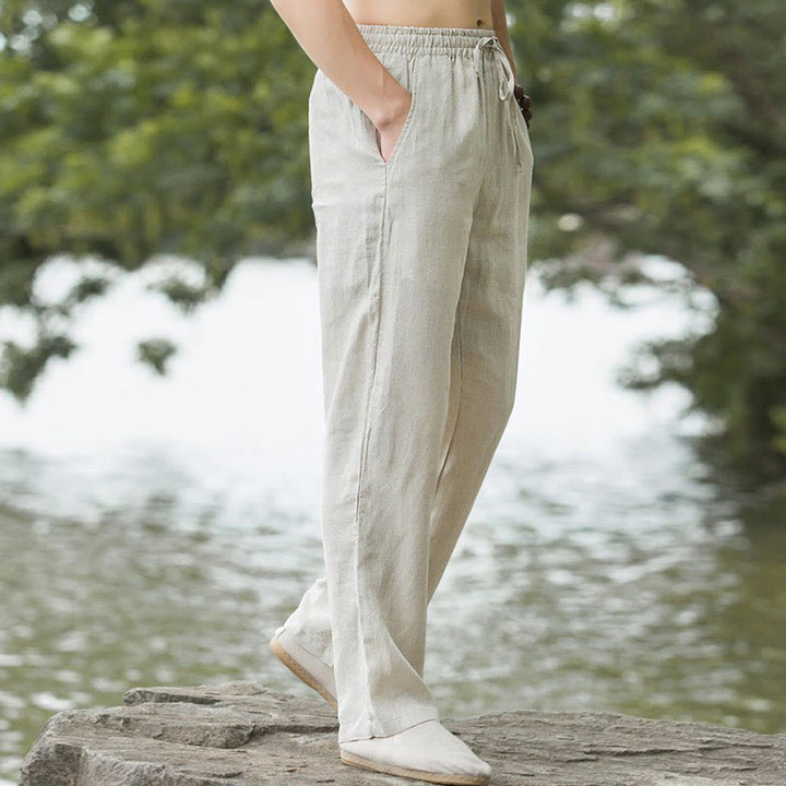 Pantalon large en coton et lin de couleur unie avec poches pour homme Buddha Stones - image 2