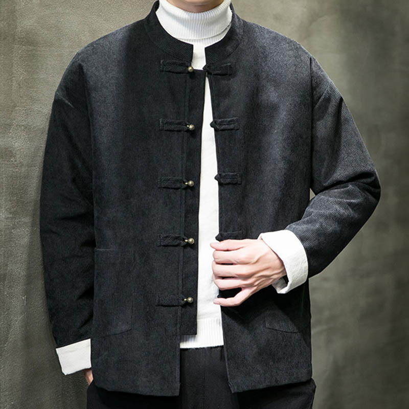 Veste en coton à boutons de grenouille de couleur unie Buddha Stones pour hommes - Noir - US/UK/AU46，EU56 (5XL) - image 1