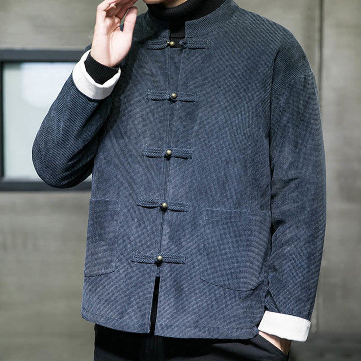 Veste en coton à boutons de grenouille de couleur unie Buddha Stones pour hommes - image 12