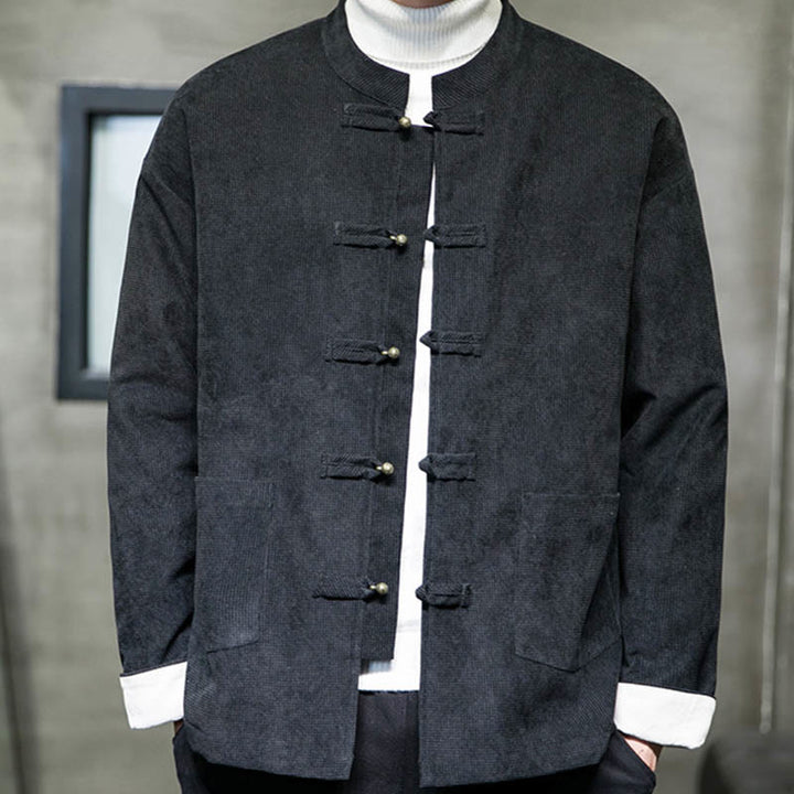 Veste en coton à boutons de grenouille de couleur unie Buddha Stones pour hommes - image 4