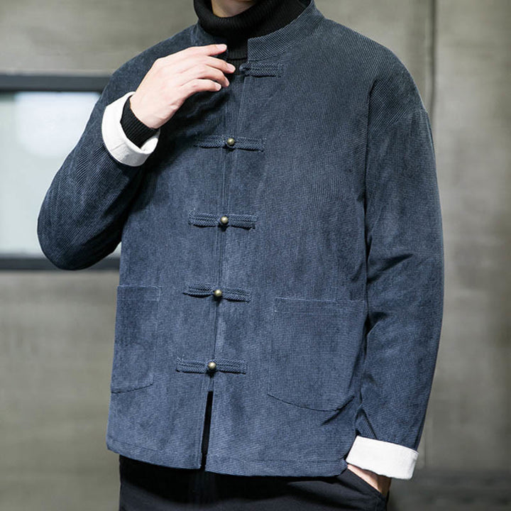 Veste en coton à boutons de grenouille de couleur unie Buddha Stones pour hommes - image 14