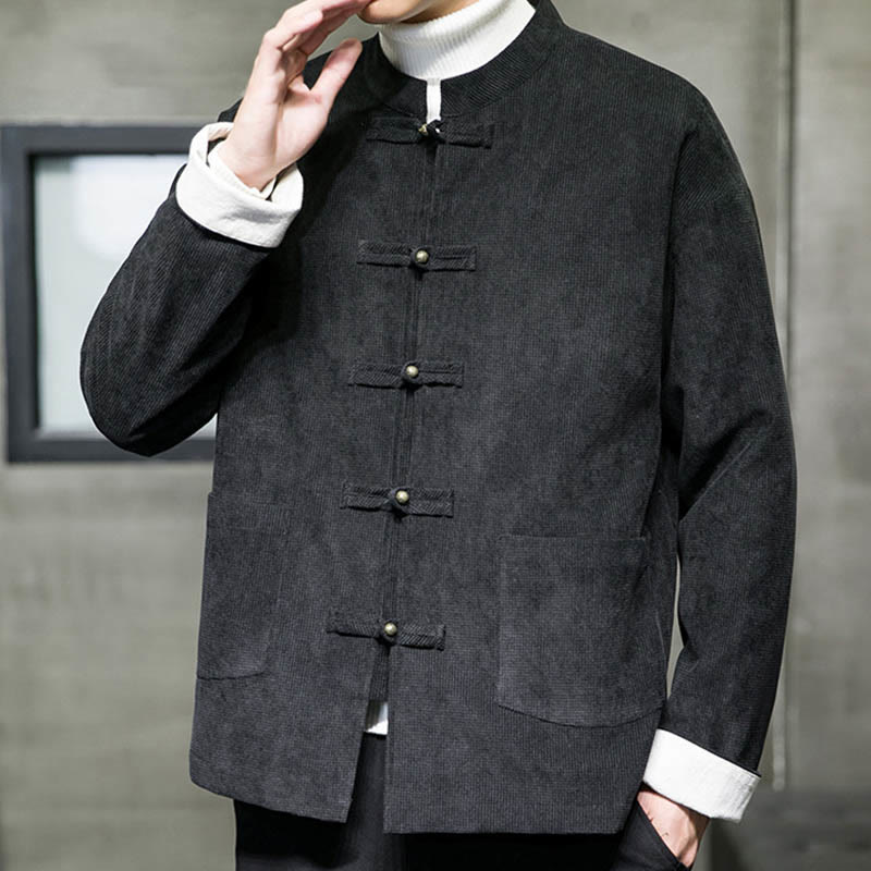 Veste en coton à boutons de grenouille de couleur unie Buddha Stones pour hommes - image 3