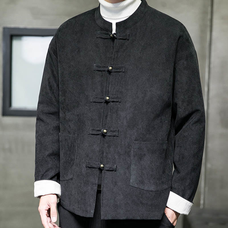 Veste en coton à boutons de grenouille de couleur unie Buddha Stones pour hommes - image 6