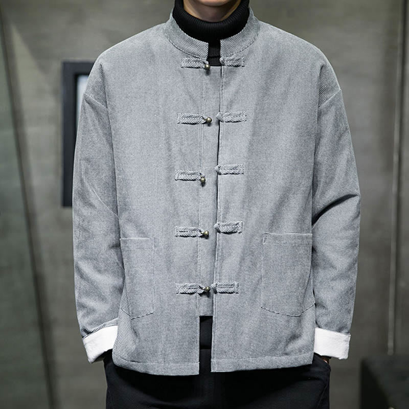 Veste en coton à boutons de grenouille de couleur unie Buddha Stones pour hommes - Gris - US/UK/AU46，EU56 (5XL) - image 17