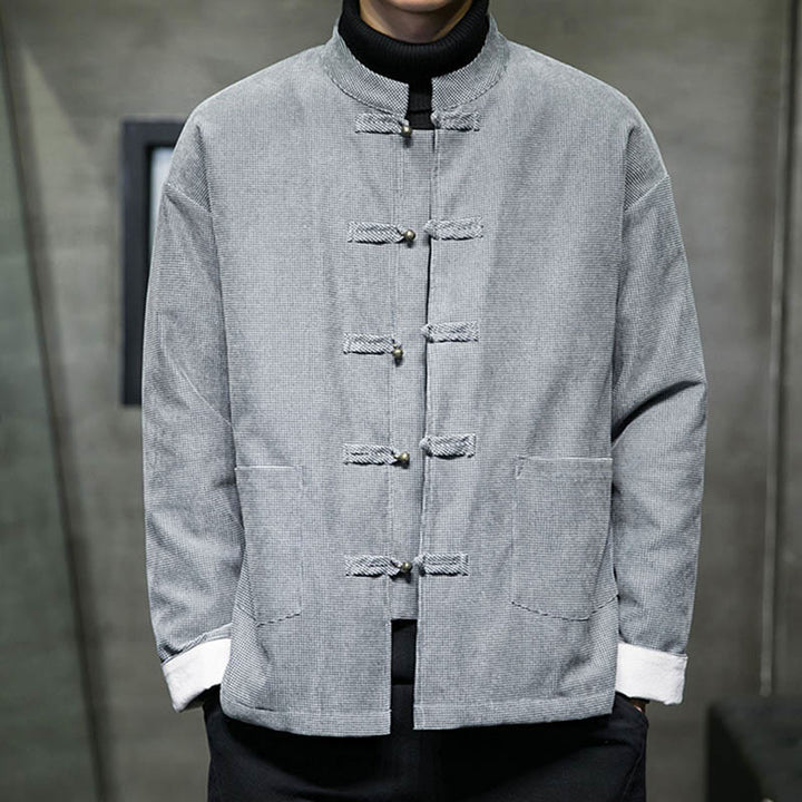 Veste en coton à boutons de grenouille de couleur unie Buddha Stones pour hommes - Gris - US/UK/AU46，EU56 (5XL) - image 17