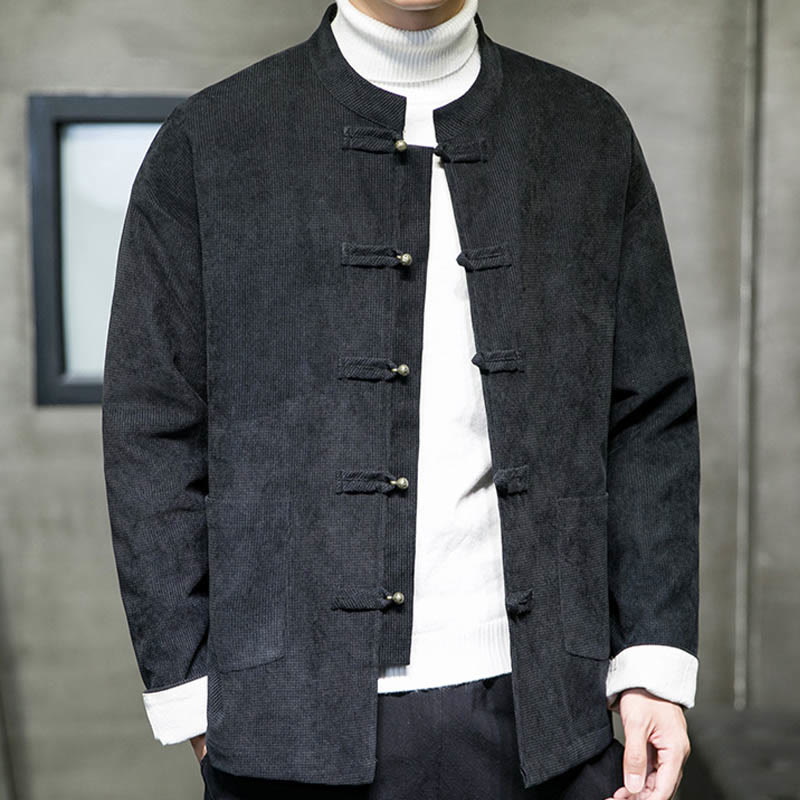 Veste en coton à boutons de grenouille de couleur unie Buddha Stones pour hommes - image 1