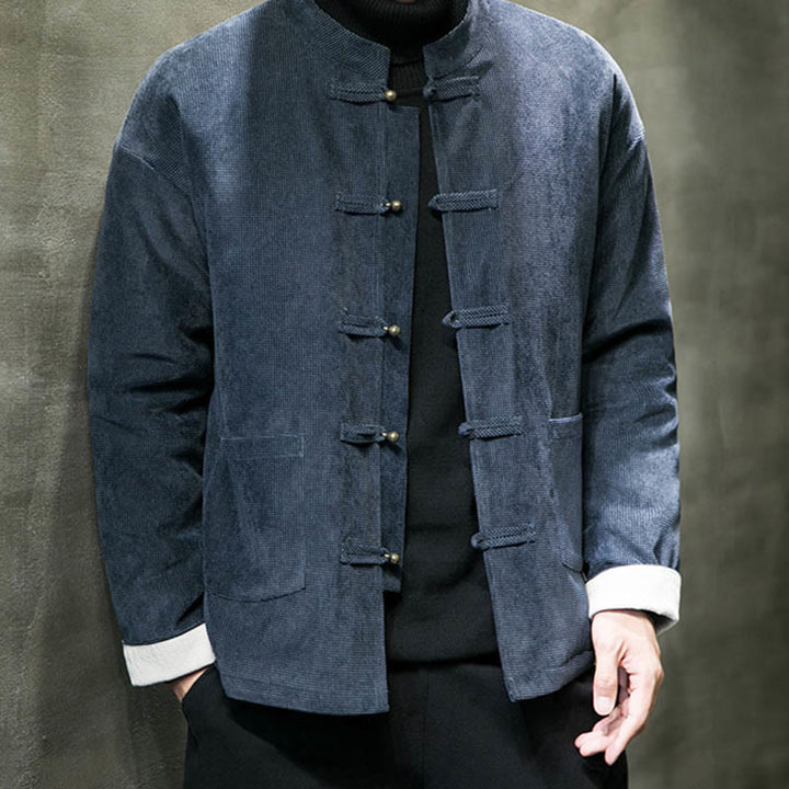 Veste en coton à boutons de grenouille de couleur unie Buddha Stones pour hommes - Bleu acier - US/UK/AU46，EU56 (5XL) - image 10