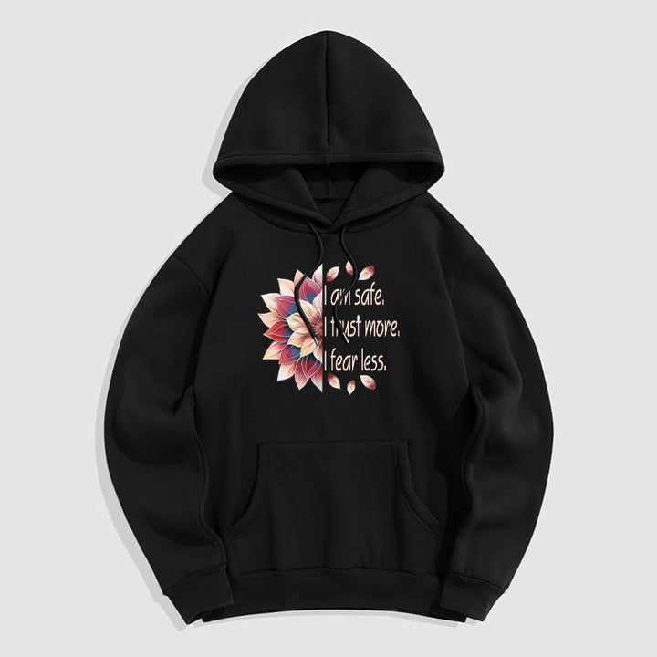 Buddha Stones Je suis en sécurité J'ai plus confiance J'ai moins peur Lotus Sweat à capuche doublé en polaire polyester