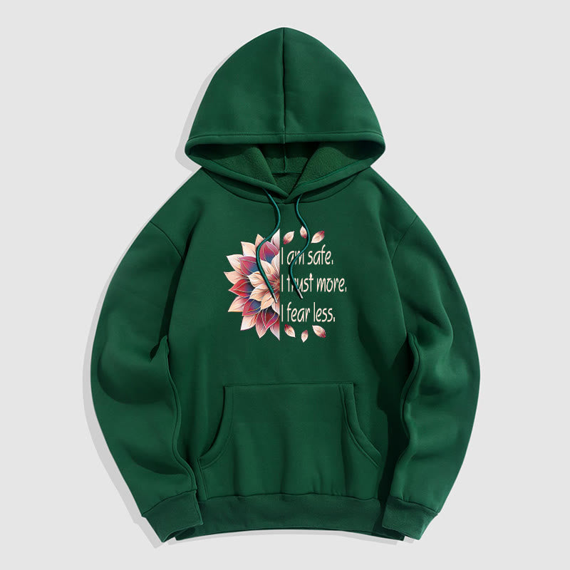 Buddha Stones Je suis en sécurité J'ai plus confiance J'ai moins peur Lotus Sweat à capuche doublé en polaire polyester