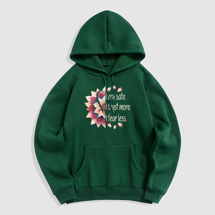 Buddha Stones Je suis en sécurité J'ai plus confiance J'ai moins peur Lotus Sweat à capuche doublé en polaire polyester
