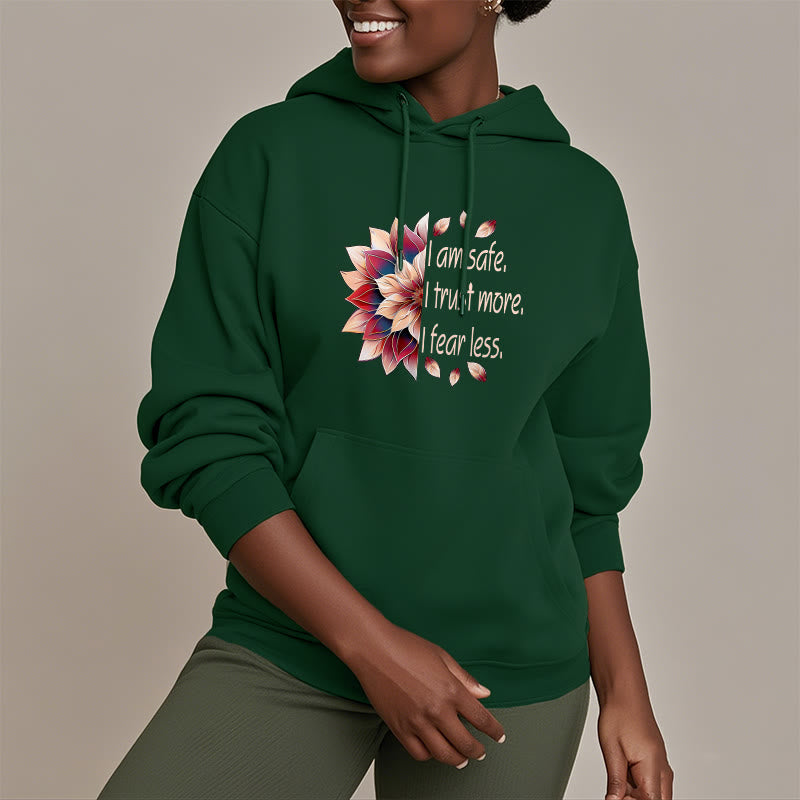 Buddha Stones Je suis en sécurité J'ai plus confiance J'ai moins peur Lotus Sweat à capuche doublé en polaire polyester