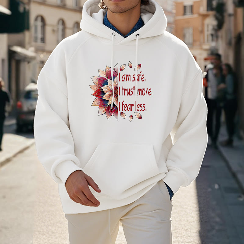 Buddha Stones Je suis en sécurité J'ai plus confiance J'ai moins peur Lotus Sweat à capuche doublé en polaire polyester