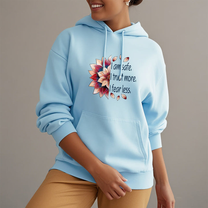 Buddha Stones Je suis en sécurité J'ai plus confiance J'ai moins peur Lotus Sweat à capuche doublé en polaire polyester