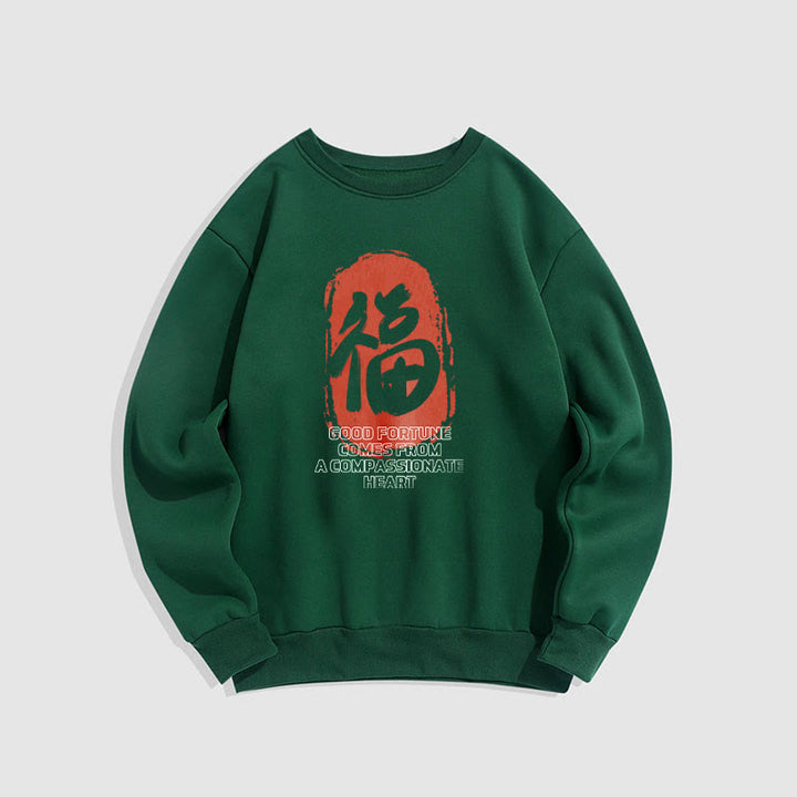 Sweat-shirt en polyester doublé polaire Buddha Stones Fu La bonne fortune vient d'un cœur compatissant