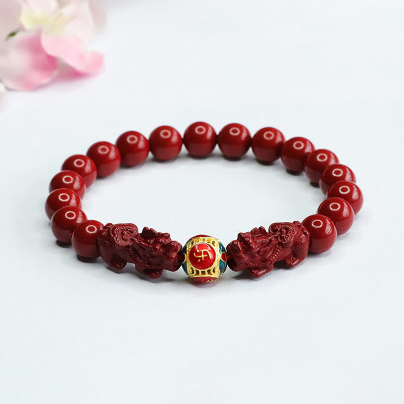 Bracelet Double PIXIU en Buddha Stones et Cinabre pour Éloigner les Mauvais Esprits - Cinabre Double PIXIU (circonférence du poignet : 14-16 cm) - 8 mm - image 0
