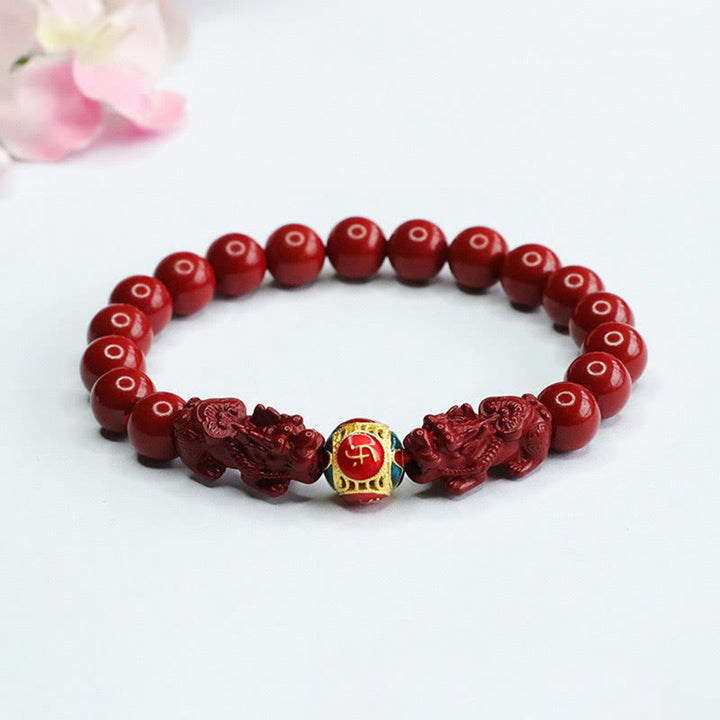 Bracelet Double PIXIU en Buddha Stones et Cinabre pour Éloigner les Mauvais Esprits - Cinabre Double PIXIU (circonférence du poignet : 14-16 cm) - 8 mm - image 0