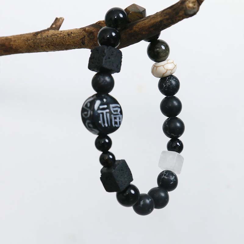 Bracelet en Buddha Stones avec onyx noir, céramique, agate, pierre noire scintillante, personnage de Fortune Fu