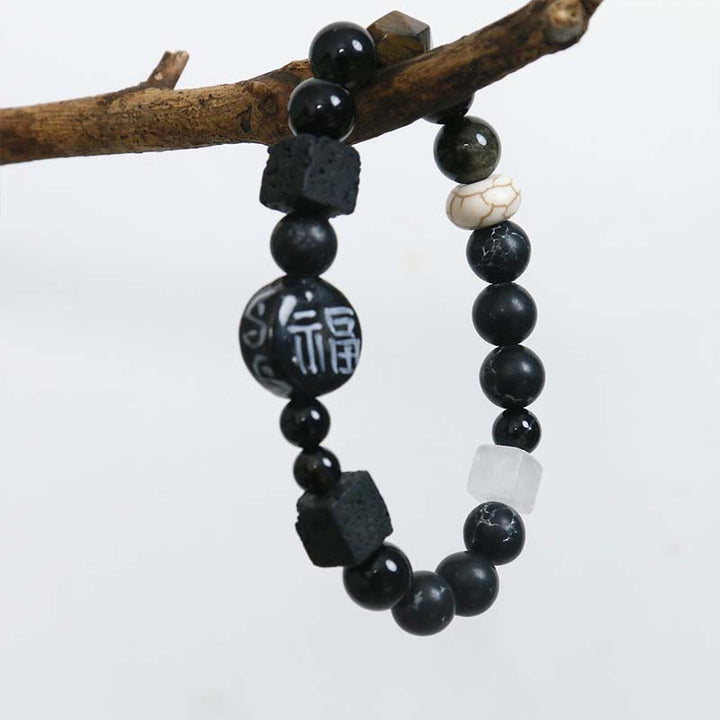 Bracelet en Buddha Stones avec onyx noir, céramique, agate, pierre noire scintillante, personnage de Fortune Fu