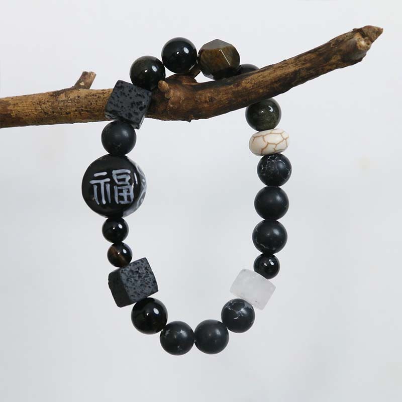 Bracelet en Buddha Stones avec onyx noir, céramique, agate, pierre noire scintillante, personnage de Fortune Fu