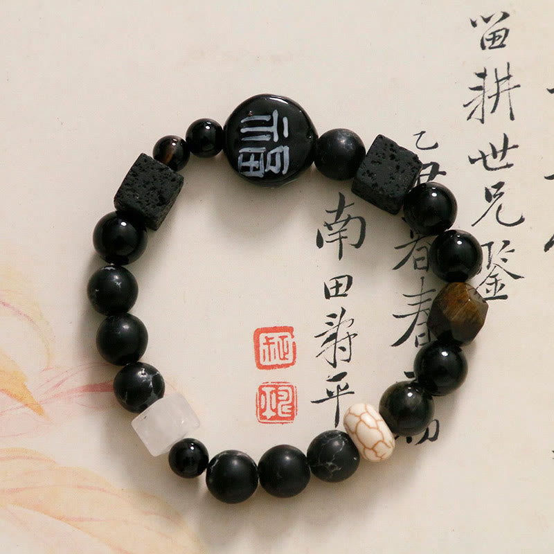 Bracelet en Buddha Stones avec onyx noir, céramique, agate, pierre noire scintillante, personnage de Fortune Fu