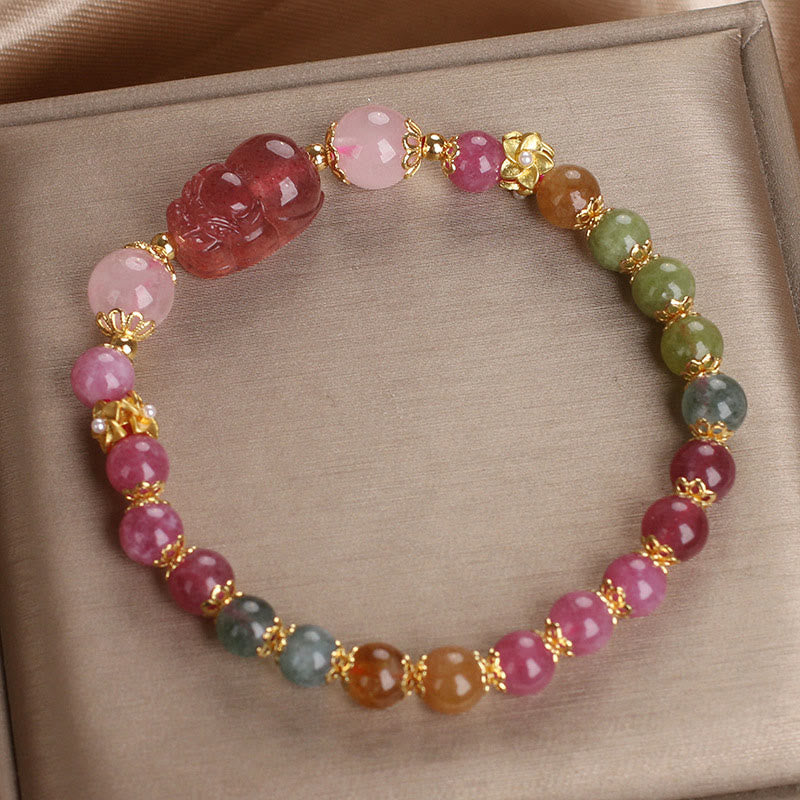 Bracelet d'amour PIXIU en cristal rose et tourmaline et quartz fraise de Buddha Stones