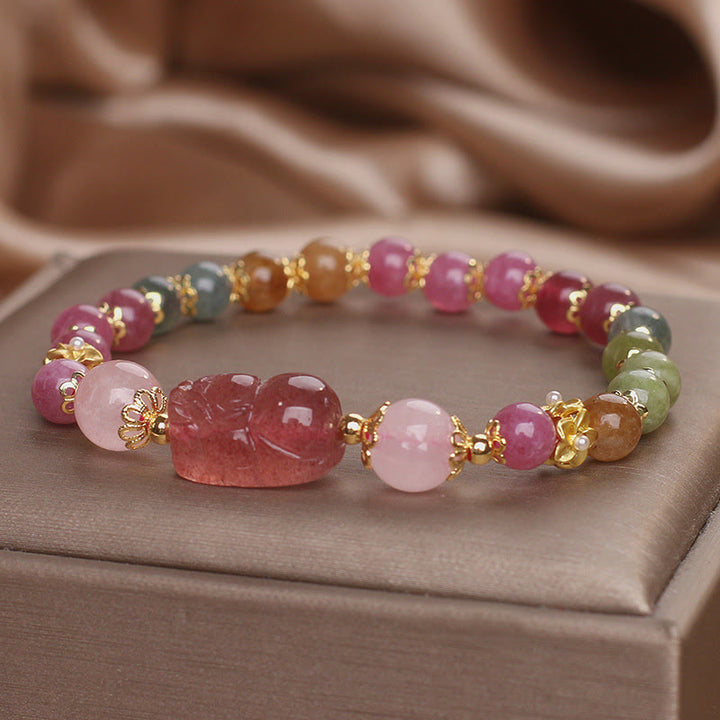Bracelet d'amour PIXIU en cristal rose et tourmaline et quartz fraise de Buddha Stones