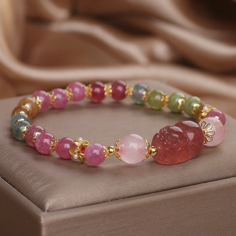 Bracelet d'amour PIXIU en cristal rose et tourmaline et quartz fraise de Buddha Stones
