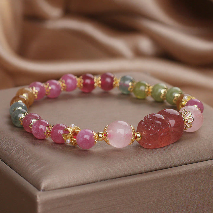 Bracelet d'amour PIXIU en cristal rose et tourmaline et quartz fraise de Buddha Stones