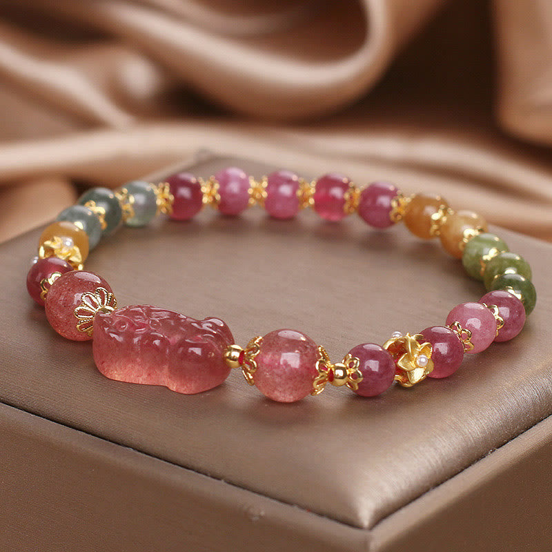 Bracelet d'amour PIXIU en cristal rose et tourmaline et quartz fraise de Buddha Stones